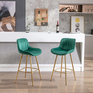 English Elm 26 Inch Set Of 2 Green Velvet Bar Stools With Chrome Footrest & Golden Legs For Modern Spaces W124973002