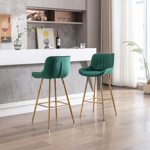 English Elm 26 Inch Set Of 2 Green Velvet Bar Stools With Chrome Footrest & Golden Legs For Modern Spaces W124973002