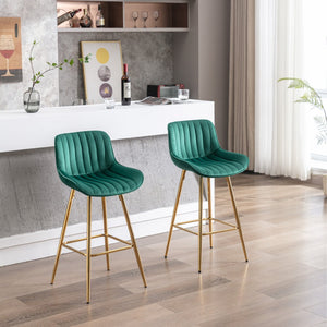English Elm 26 Inch Set Of 2 Green Velvet Bar Stools With Chrome Footrest & Golden Legs For Modern Spaces W124973002