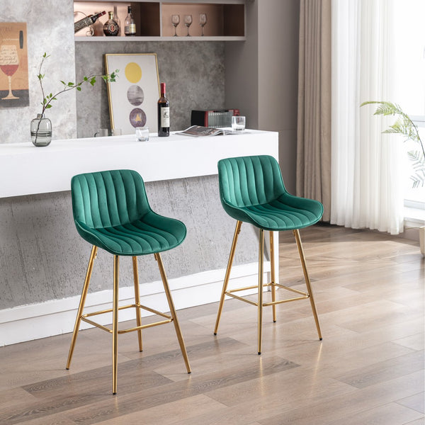 English Elm 26 Inch Set Of 2 Green Velvet Bar Stools With Chrome Footrest & Golden Legs For Modern Spaces W124973002