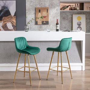 English Elm 26 Inch Set Of 2 Green Velvet Bar Stools With Chrome Footrest & Golden Legs For Modern Spaces W124973002