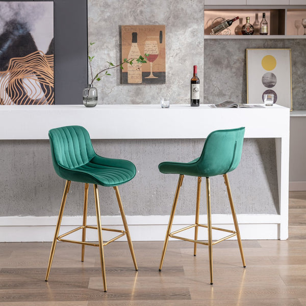 English Elm 26 Inch Set Of 2 Green Velvet Bar Stools With Chrome Footrest & Golden Legs For Modern Spaces W124973002