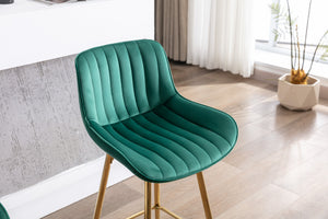 English Elm 26 Inch Set Of 2 Green Velvet Bar Stools With Chrome Footrest & Golden Legs For Modern Spaces W124973002
