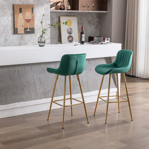 English Elm 30 Velvet Counter Stools Set of 2 with Chrome Footrest and Gold Legs — Plush Upholstery, Modern Chic Green W124972995