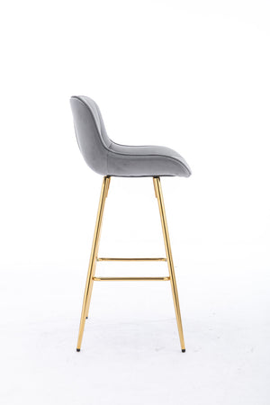 English Elm 30 Inch Set Of 2 Gray Velvet Bar Stools With Golden Legs & Chrome Footrest For Modern Spaces W124973001