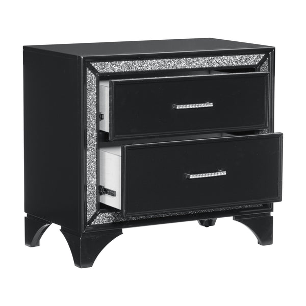 English Elm Glamourous Black Pearl Nightstand with Silver Glitter Trim, 2 Drawers, Faux Crystal Pulls, Modern B01179875