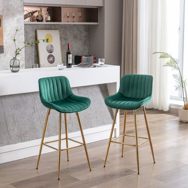 English Elm 30 Velvet Counter Stools Set of 2 with Chrome Footrest and Gold Legs — Plush Upholstery, Modern Chic Green W124972995