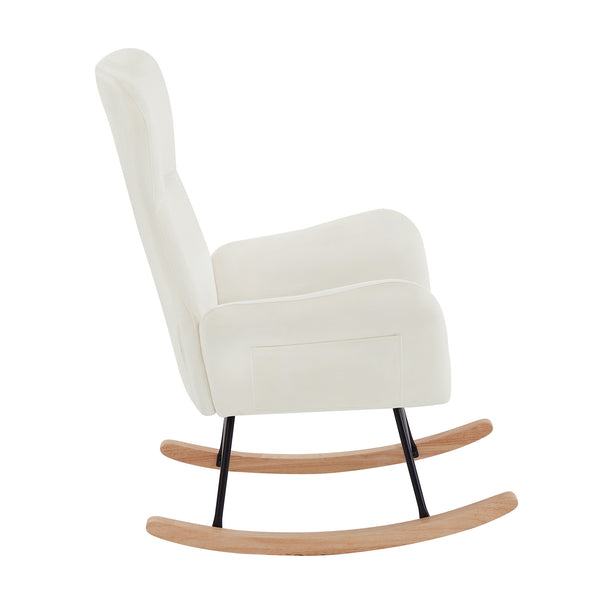 English Elm Cream velvet rocking chair with cream white upholstery, foam seat, metal frame, modern cozy design W58872237