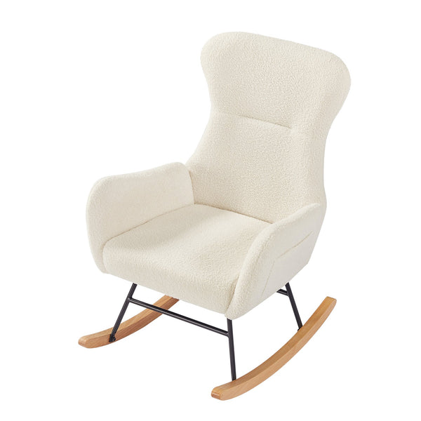 English Elm off white teddy fabric rocking chair with cream foam cushion, metal frame, cozy modern nursery comfort W58872236