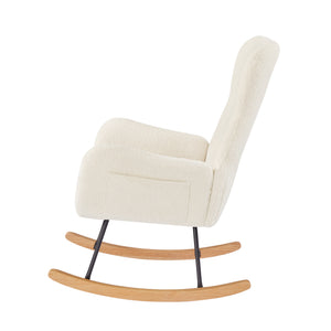 English Elm off white teddy fabric rocking chair with cream foam cushion, metal frame, cozy modern nursery comfort W58872236