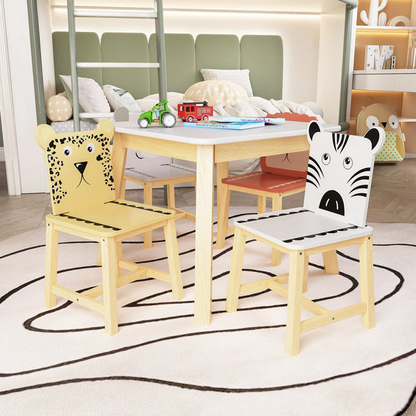 English Elm 5 Kids Wood Table and Chair Set, Solid White 5-Piece Kids Furniture, Cartoon Back Chairs, Sturdy W80860280
