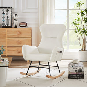 English Elm Cream velvet rocking chair with cream white upholstery, foam seat, metal frame, modern cozy design W58872237