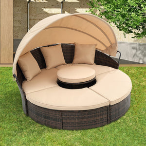 English Elm Hot KD Rattan Round Lounge Canopy Bed - All-Weather Wicker Daybed with Retractable Shade, Deep Seating Comfort and Removable Cushions Beige W640S00035