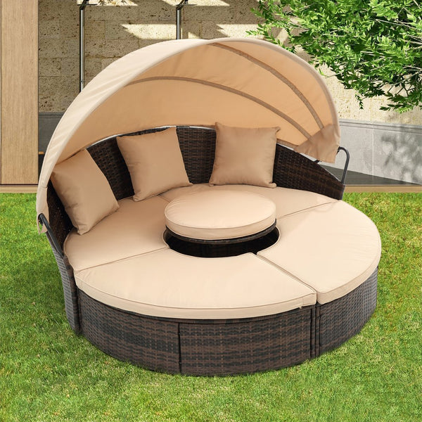 English Elm Hot KD Rattan Round Lounge Canopy Bed - All-Weather Wicker Daybed with Retractable Shade, Deep Seating Comfort and Removable Cushions Beige W640S00035