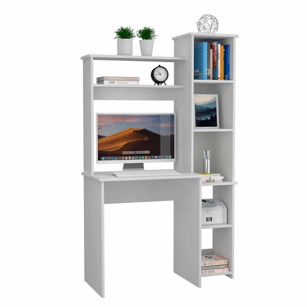 English Elm White 6-Shelf Writing Desk with Built-In Bookcase — Spacious White Home Office Organizer, Durable MDF Storage and Display Surface, Multi-Shelf Study Center with Monitor Space and Stylish Clean Finish B06280293