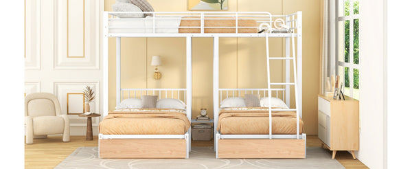 English Elm Full Over Twin Triple Bunk Bed Steel Frame with Storage Drawers and Guardrails White LT000222AAK