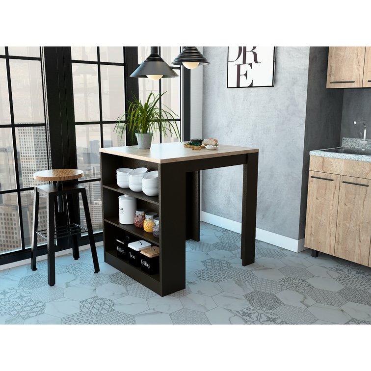 English Elm 3-Drawer Kitchen Island Wenge and Pine with 3 Open Shelves, Compact Modern Storage & Dining Surface B062S00006