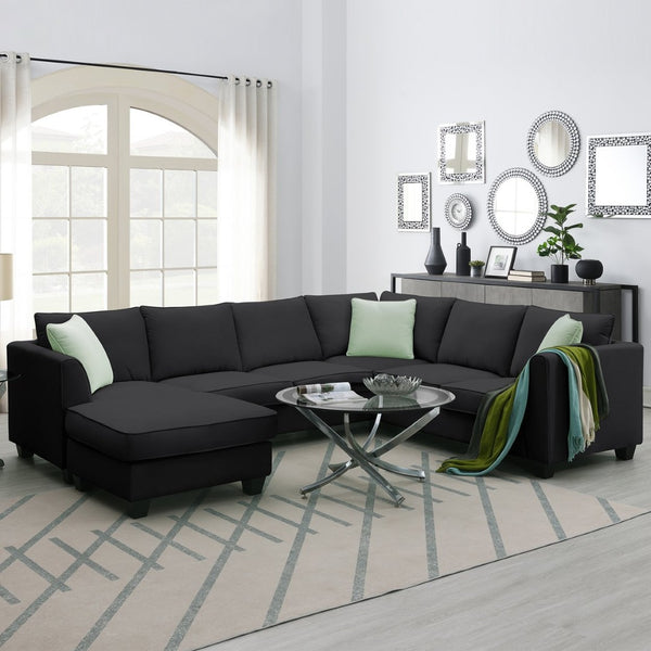 English Elm Seven Seat Modular L Shape Sectional Sofa with Ottoman Polyester Living Room GS009012AAB