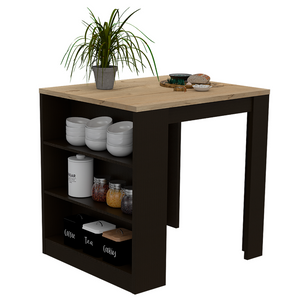 English Elm 3-Drawer Kitchen Island Wenge and Pine with 3 Open Shelves, Compact Modern Storage & Dining Surface B062S00006