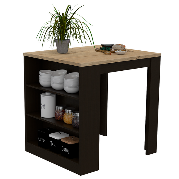 English Elm 3-Drawer Kitchen Island Wenge and Pine with 3 Open Shelves, Compact Modern Storage & Dining Surface B062S00006