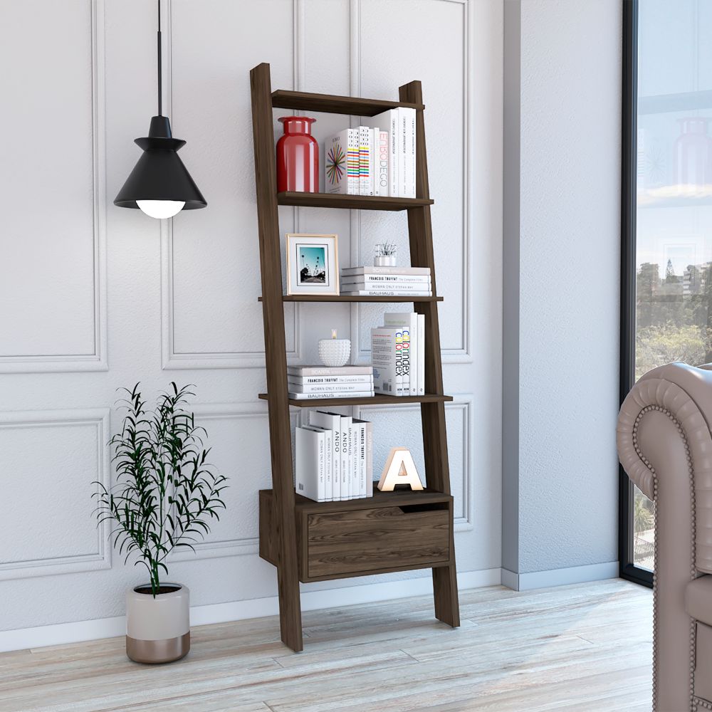 English Elm New Haven 1-Drawer 4-Shelf Ladder Bookcase Dark Walnut — 70" Tall Space-Saving Organizer with Drawer, Modern Finish B06280177