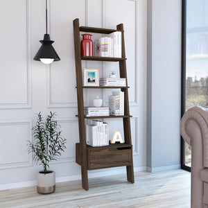 English Elm New Haven 1-Drawer 4-Shelf Ladder Bookcase Dark Walnut — 70" Tall Space-Saving Organizer with Drawer, Modern Finish B06280177