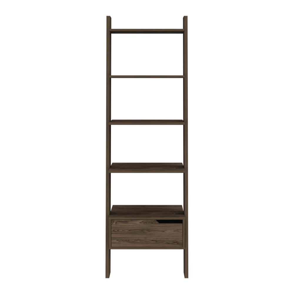 English Elm New Haven 1-Drawer 4-Shelf Ladder Bookcase Dark Walnut — 70" Tall Space-Saving Organizer with Drawer, Modern Finish B06280177