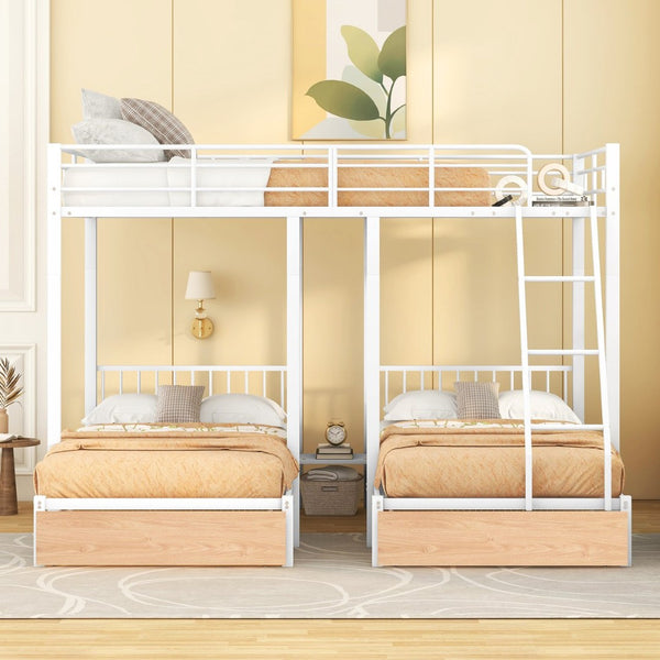 English Elm Full Over Twin Triple Bunk Bed Steel Frame with Storage Drawers and Guardrails White LT000222AAK