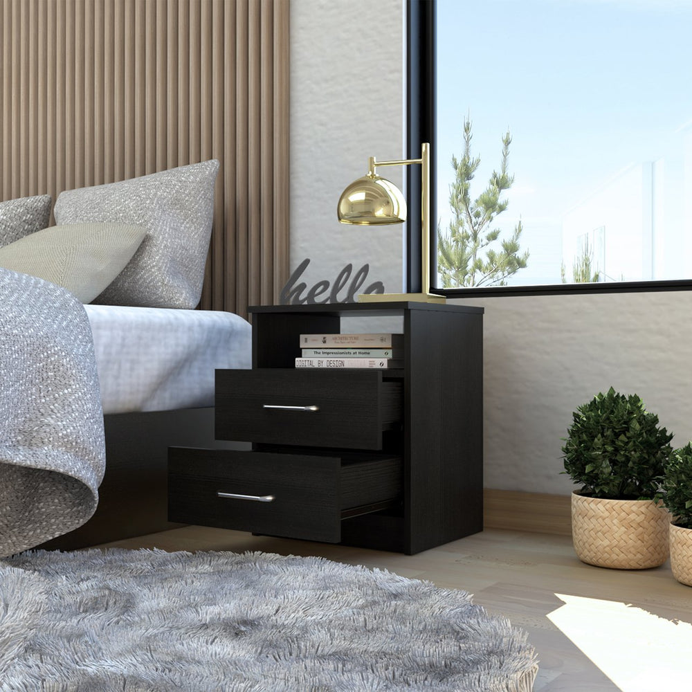 English Elm 2-Drawer Wenge Nightstand with Shelf, Durable Metal Rails & Pulls, Compact Modern Bedroom Storage Nightstand 19.9"H B06280324