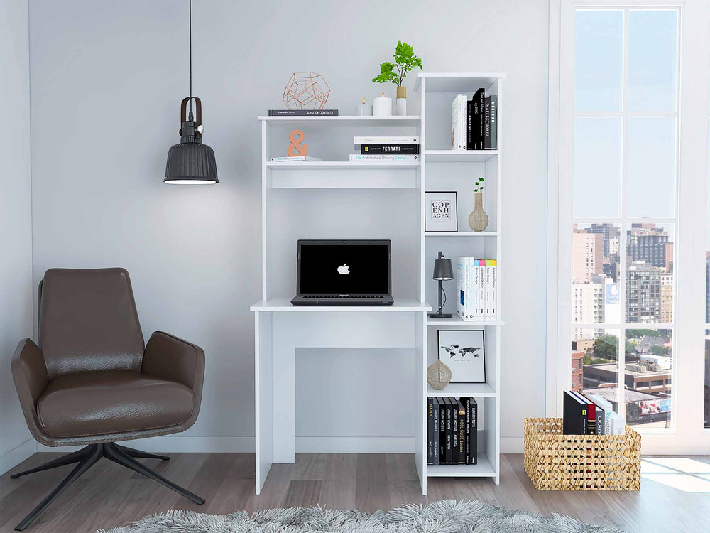 English Elm White 6-Shelf Writing Desk with Built-In Bookcase — Spacious White Home Office Organizer, Durable MDF Storage and Display Surface, Multi-Shelf Study Center with Monitor Space and Stylish Clean Finish B06280293