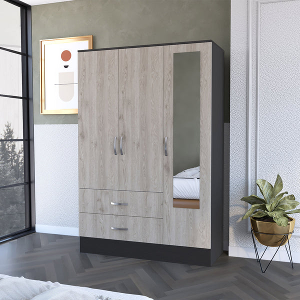 English Elm Wenge Full-Length Mirrored Armoire with 2 Drawers, Hanging Bar & Side Cabinet in Wenge/Gray B062S00138