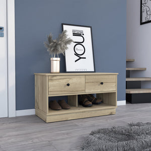 English Elm Light Oak Storage Bench with 2 Drawers & 2 Shelves — Compact Entryway Seat, Bright Natural Finish, Organized Living B06280461