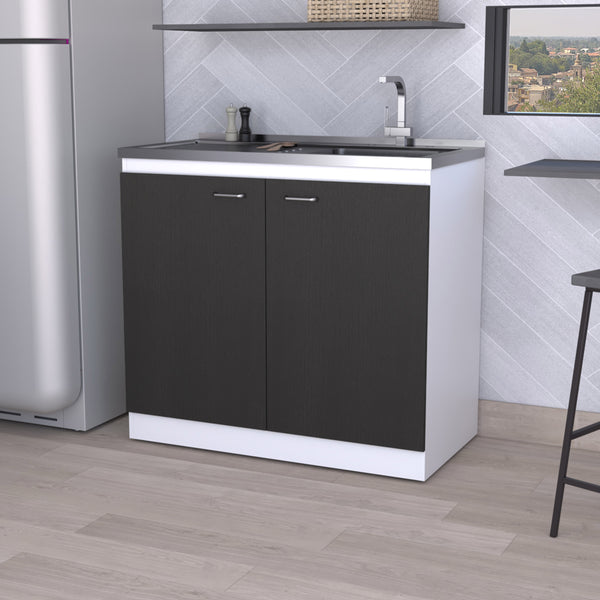 English Elm Dark Walnut Contemporary 2-Door Utility Sink Cabinet with Spacious Storage, Durable Countertop Workspace 39.3" B062S00148