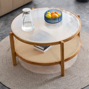 English Elm Modern solid wood circular double-layer tea table with rattan shelf, glass top, Japanese-Chinese style decor W1151104955