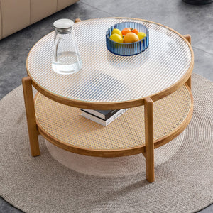 English Elm Modern Simple Circular Double-Layer Solid Wood Tea Table Rattan Woven Chinese Side Table Small Round Table Suitable For Living Room, Dining Room and Bedroom