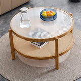 English Elm Modern Simple Circular Double-Layer Solid Wood Tea Table Rattan Woven Chinese Side Table Small Round Table Suitable For Living Room, Dining Room and Bedroom