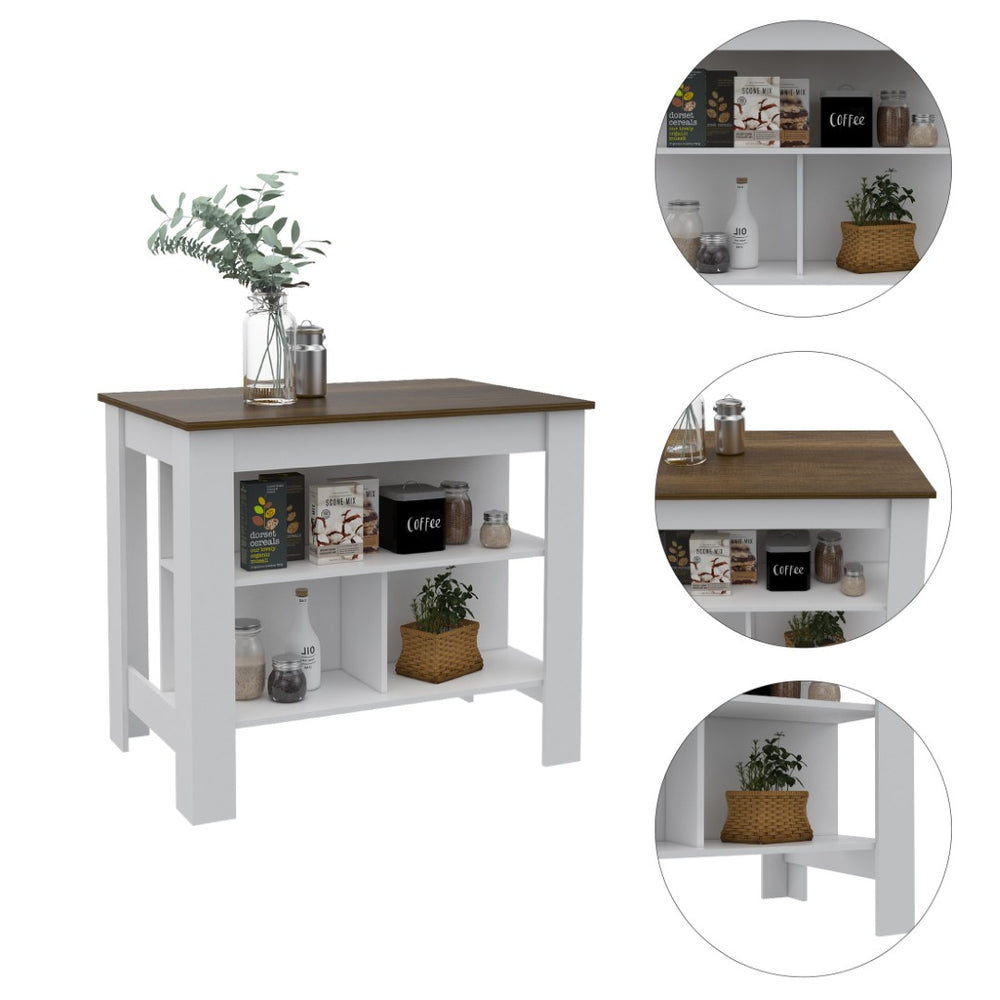 English Elm Rockaway 3-Shelf Kitchen Island In White And Walnut - Stylish Storage & Prep Station For Any Kitchen B06280055-GIGA