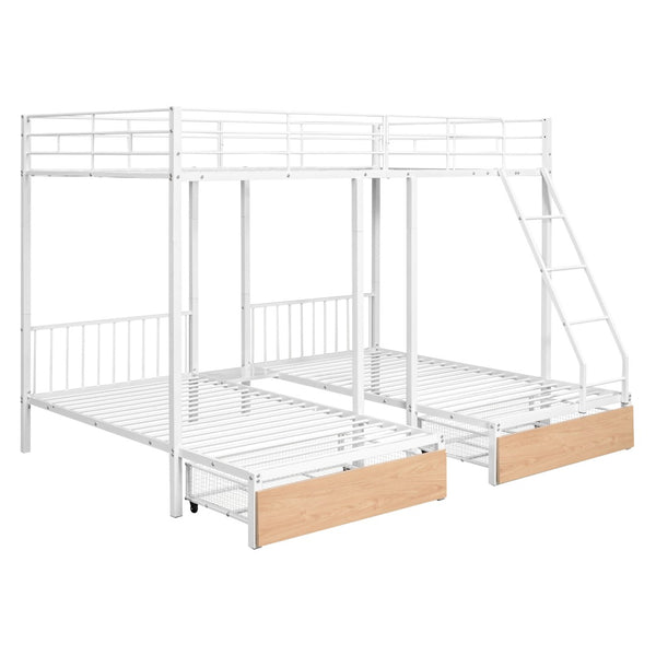 English Elm Full Over Twin Triple Bunk Bed Steel Frame with Storage Drawers and Guardrails White LT000222AAK