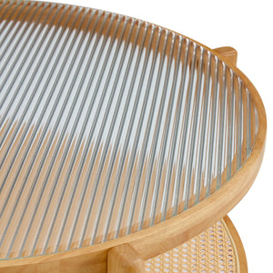 English Elm Modern solid wood circular double-layer tea table with rattan shelf, glass top, Japanese-Chinese style decor W1151104955