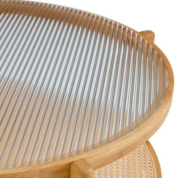 English Elm Modern solid wood circular double-layer tea table with rattan shelf, glass top, Japanese-Chinese style decor W1151104955