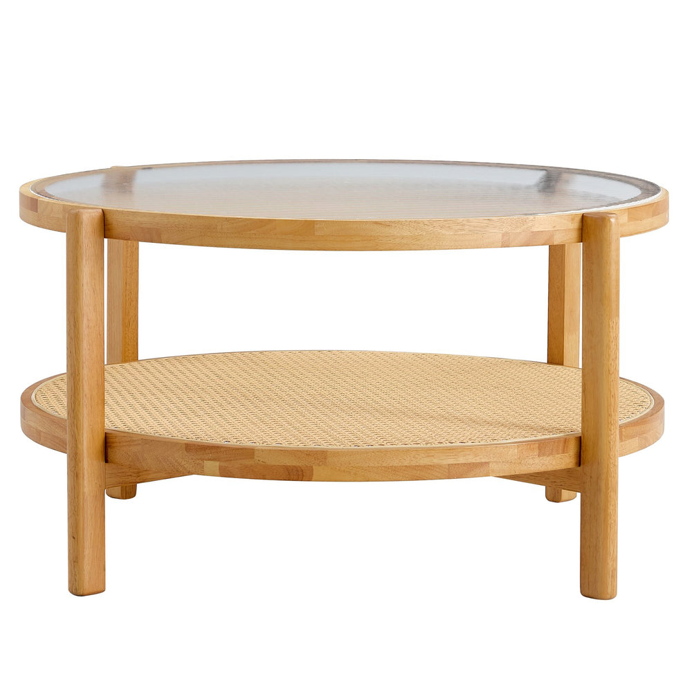 English Elm Modern solid wood circular double-layer tea table with rattan shelf, glass top, Japanese-Chinese style decor W1151104955