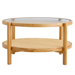 English Elm Modern solid wood circular double-layer tea table with rattan shelf, glass top, Japanese-Chinese style decor W1151104955