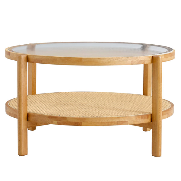 English Elm Modern solid wood circular double-layer tea table with rattan shelf, glass top, Japanese-Chinese style decor W1151104955