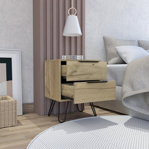 English Elm Light Oak Romantic 2-Drawer Rectangle Nightstand with Steel Legs, Compact Storage & Airy Finish (22.4") B06280317