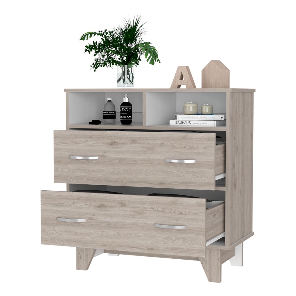 English Elm Aaron Compact 2-Drawer 2-Shelf Dresser with Slim Profile and Sturdy Legs for Small Bedroom Storage and Style Light Gray B062S00104