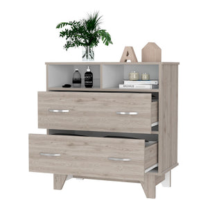 English Elm Aaron Compact 2-Drawer 2-Shelf Dresser with Slim Profile and Sturdy Legs for Small Bedroom Storage and Style Light Gray B062S00104