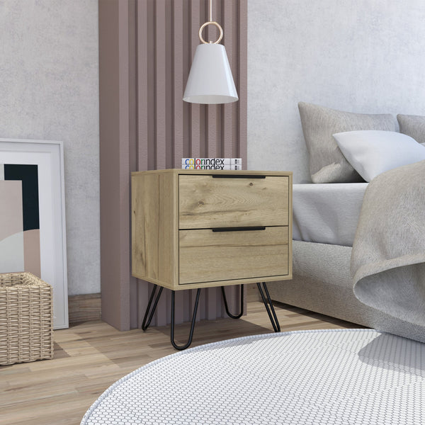 English Elm Light Oak Romantic 2-Drawer Rectangle Nightstand with Steel Legs, Compact Storage & Airy Finish (22.4") B06280317