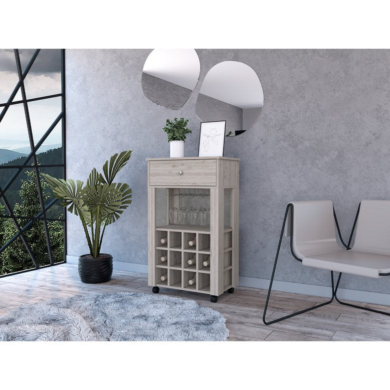 English Elm Ambler 12-Bottle Wine Cabinet with Drawer & Glass Storage, Light Grey Finish, Mobile & Contemporary Elegance B06279975