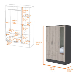 English Elm Wenge Full-Length Mirrored Armoire with 2 Drawers, Hanging Bar & Side Cabinet in Wenge/Gray B062S00138