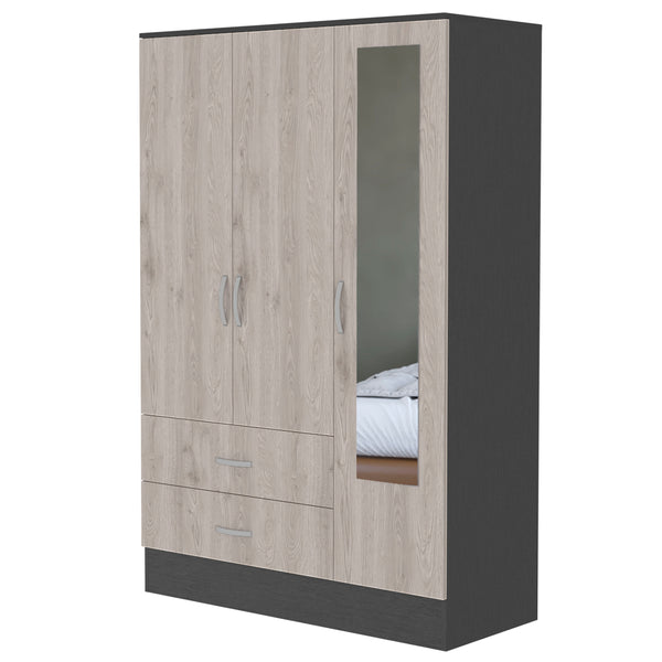 English Elm Wenge Full-Length Mirrored Armoire with 2 Drawers, Hanging Bar & Side Cabinet in Wenge/Gray B062S00138